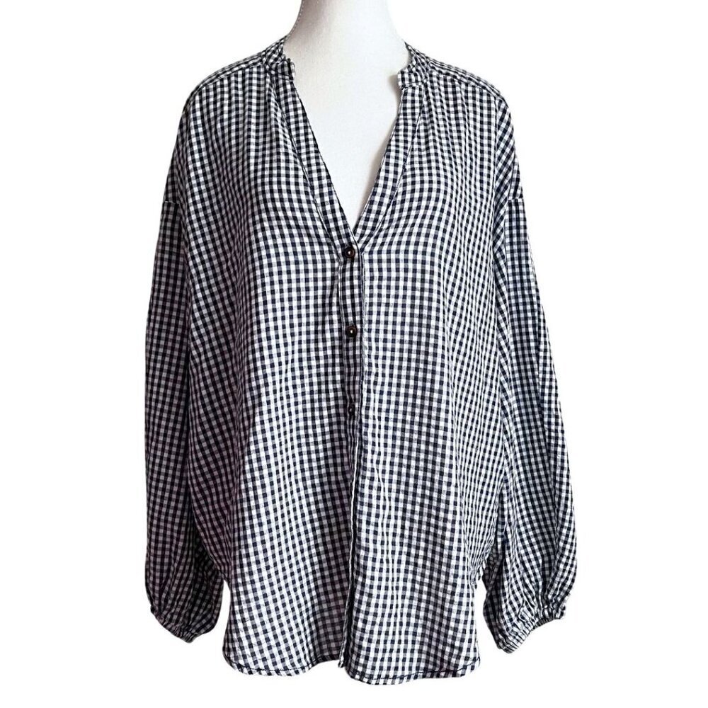 PILCRO WHITE BLUE CHECKERED GINGHAM OVERSIZED COLLARLESS BUTTON DOWN SHIRT - L
